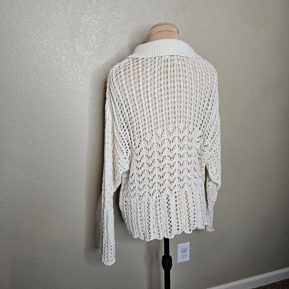 American Eagle Cream Crochet Knit Lace Up Tassel Polo Sweater Medium Ivory Boho - Picture 6 of 10